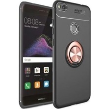 Tekno Grup Huawei P9 Lite 2017 Kılıf Ultra Korumalı Yüzüklü Manyetik Ravel Silikon Siyah - Rose + Cam Ekran Koruyucu