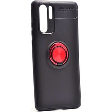 Tekno Grup Huawei P30 Pro Kılıf Ultra Korumalı Yüzüklü Manyetik Ravel Silikon Siyah - Kırmızı + Tam Kaplayan 6D Polimer Nano Ekran Koruyucu