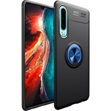 Tekno Grup Huawei P30 Kılıf Ultra Korumalı Yüzüklü Manyetik Ravel Silikon Siyah - Mavi + Tam Kaplayan 5D Cam Ekran Koruyucu