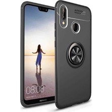 Tekno Grup Huawei P Smart 2019 Kılıf Ultra Korumalı Yüzüklü Manyetik Ravel Silikon Siyah + Tam Kaplayan 5D Cam Ekran Koruyucu