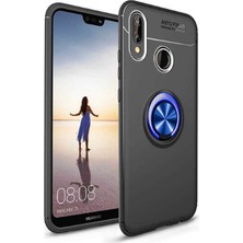 Tekno Grup Huawei P Smart 2019 Kılıf Ultra Korumalı Yüzüklü Manyetik Ravel Silikon Siyah - Mavi + Tam Kaplayan 5D Cam Ekran Koruyucu