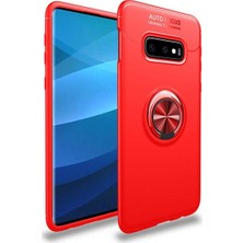 Tekno Grup Samsung Galaxy S10E Kılıf Ultra Korumalı Yüzüklü Manyetik Ravel Silikon Kırmızı + Full Body Ekran Koruyucu
