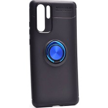 Tekno Grup Huawei P30 Pro Kılıf Ultra Korumalı Yüzüklü Manyetik Ravel Silikon Siyah - Mavi + Full Body Ekran Koruyucu