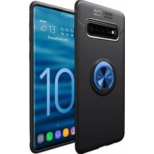 Tekno Grup Samsung Galaxy S10 Kılıf Ultra Korumalı Yüzüklü Manyetik Ravel Silikon Siyah - Mavi + Full Body 360 Ekran Koruyucu  Ön Arka