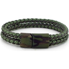 Solfera Askeri Kamuflaj Desen Deri Ip Erkek Bileklik BT647