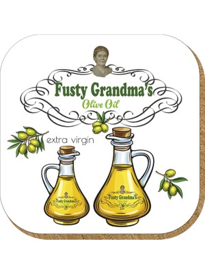 Pictor Gift Hediyelik Metal Mantar Tabanlı Fusty Grandma's Olive Oil Zeytinyağı 4'lü Bardak Altlığı Seti