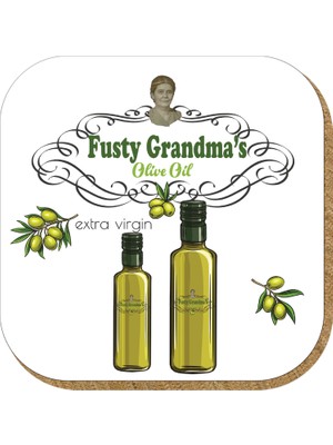 Pictor Gift Hediyelik Metal Mantar Tabanlı Fusty Grandma's Olive Oil Zeytinyağı 4'lü Bardak Altlığı Seti