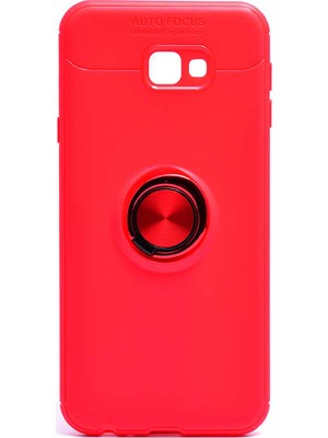 Tekno Grup Samsung Galaxy J4 Plus Kılıf Ultra Korumalı Yüzüklü Manyetik Ravel Silikon Kırmızı + Cam Ekran Koruyucu