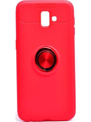 Tekno Grup Samsung Galaxy J6 Plus Kılıf Ultra Korumalı Yüzüklü Manyetik Ravel Silikon Kırmızı + Cam Ekran Koruyucu