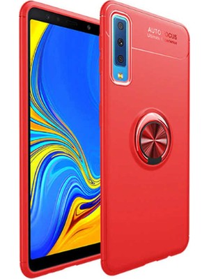Tekno Grup Samsung Galaxy A7 2018 Kılıf Ultra Korumalı Yüzüklü Manyetik Ravel Silikon Kırmızı + Cam Ekran Koruyucu