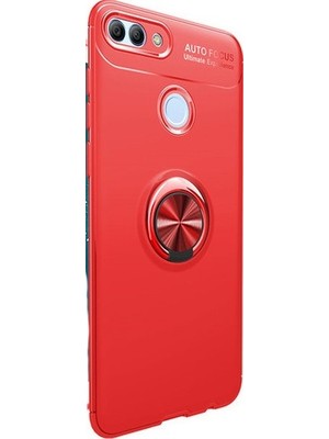 Tekno Grup Huawei Y7 2018 Kılıf Ultra Korumalı Yüzüklü Manyetik Ravel Silikon Kırmızı + Tam Kaplayan 5D Cam Ekran Koruyucu