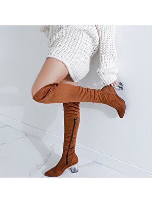 Limoya Alena Taba Süet Streç Kısa Şeffaf Topuklu Dizüstü Çorap Çizme (Sivri Burun)