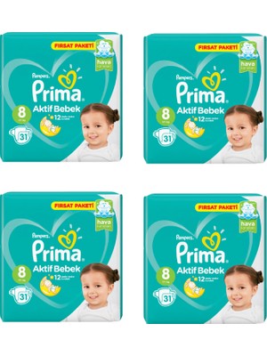 Prima Bebek Bezi Aktif Bebek 8 Beden 31 Adet Fırsat Paketi 4lü Paket 124 Adet