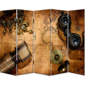 Eski Harita 5 Kanat Kanvas Tekerlekli Paravan