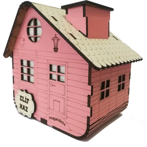 Plaket Home Kişiye Özel Dekoratif Ahşap Pembe Dağ Evi Kumbara -Tipbox