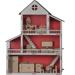 Wood Kids 3 Katlı Ahşap Bebek Oyun Evi - Mobilya Seti