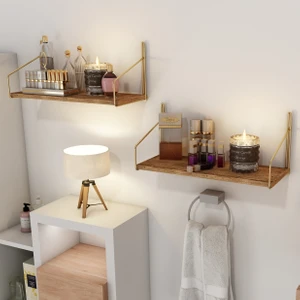 Duvar Rafı Kitaplık Mutfak Banyo Altın Renk 2'li Set