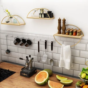 Duvar Rafı Kitaplık Mutfak Banyo Altın Renk Elips 3'lü Set