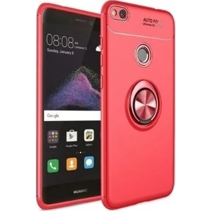 Tekno Grup Huawei P10 Lite Kılıf Ultra Korumalı Yüzüklü Manyetik Ravel Silikon Kırmızı + Nano Ekran Koruyucu