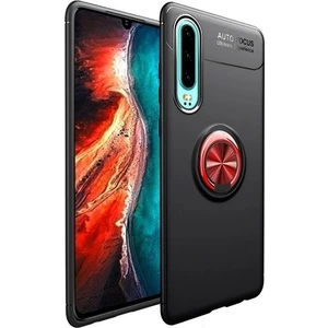 Tekno Grup Huawei P30 Kılıf Ultra Korumalı Yüzüklü Manyetik Ravel Silikon Siyah - Kırmızı + Tam Kaplayan 5D Cam Ekran Koruyucu