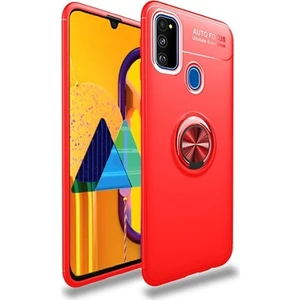 Tekno Grup Samsung Galaxy M30S Kılıf Ultra Korumalı Yüzüklü Manyetik Ravel Silikon Kırmızı + Tam Kaplayan 6D Nano Ekran Koruyucu