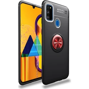 Tekno Grup Samsung Galaxy M30S Kılıf Ultra Korumalı Yüzüklü Manyetik Ravel Silikon Siyah - Kırmızı + Tam Kaplayan 6D Nano Ekran Koruyucu