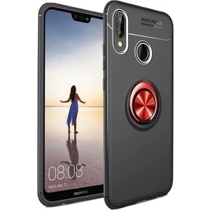 Tekno Grup Huawei Y6 2019 Kılıf Ultra Korumalı Yüzüklü Manyetik Ravel Silikon Siyah - Kırmızı + Tam Kaplayan 6D Nano Ekran Koruyucu