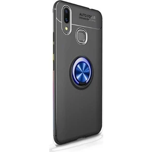 Tekno Grup Huawei Y6 2019 Kılıf Ultra Korumalı Yüzüklü Manyetik Ravel Silikon Siyah - Mavi + Tam Kaplayan 6D Nano Ekran Koruyucu