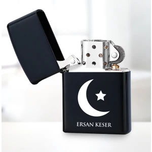 Kişiye Özel Isimli Ay Yıldız Siyah Metal Çakmak 13019