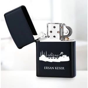 Kişiye Özel Edirne Silüeti Siyah Metal Çakmak 13158