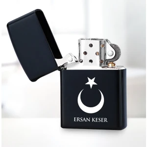 Kişiye Özel Isimli Ay Yıldız Siyah Metal Çakmak 13042