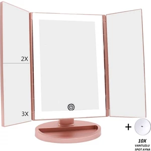 Land Of Myth - 1X-2X-3X-10X  Büyütmeli 37 LED Işıklı Makyaj Aynası, 3 Panel, Katlanabilir, Dokunmatik Sensörlü