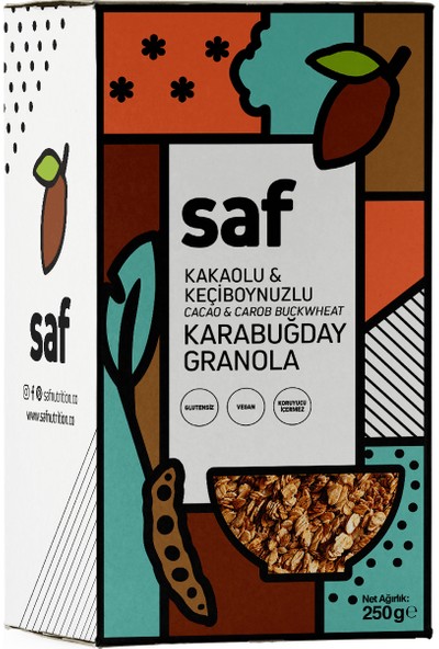 Saf Nutrition Kakaolu & Keçiboynuzlu Karabuğday Granola, 250 gr