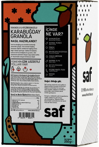 Saf Nutrition Kakaolu & Keçiboynuzlu Karabuğday Granola, 250 gr