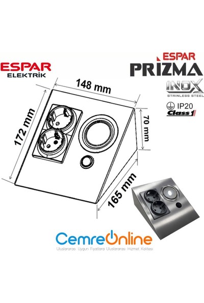 Espar EPS150-2PL3 Tezgah Altı Üçgen Spot Inox 6500K + 2'li Priz