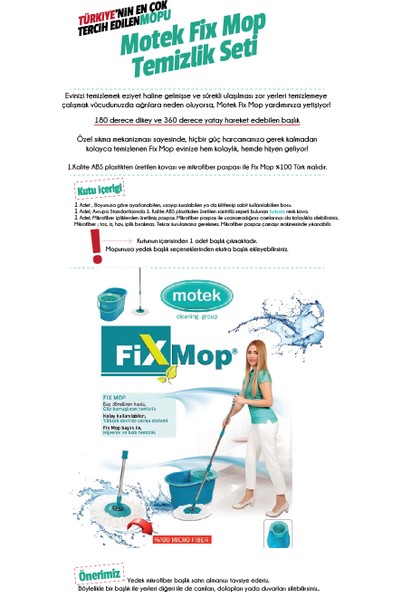 Motek Fix Mop Temizlik Seti - Mikrofiber Başlıklı