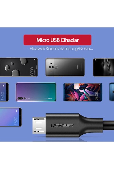 Ugreen Micro USB Data ve Şarj Kablosu Siyah 2 Metre