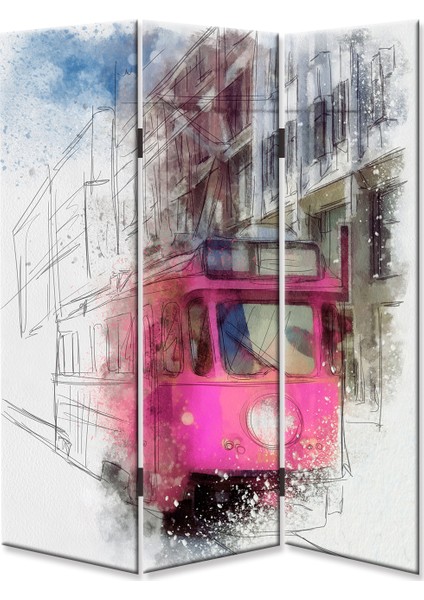 Pembe Tranvay 3 Kanat Tekerlekli Kanvas Paravan