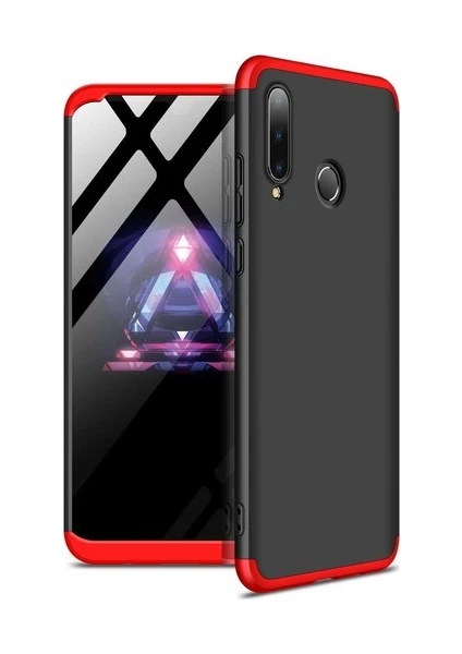 Case 4U Huawei P30 Lite Kılıf 3 Parçalı Tam Koruma Sert Mika Ays Kapak Siyah Kırmızı