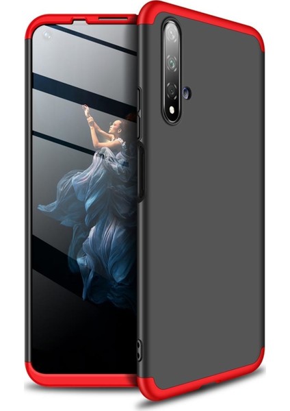 Huawei Nova 5T Kılıf Zore 360 Tam Koruma 3 Parça Ays Kapak Siyah - Kırmızı