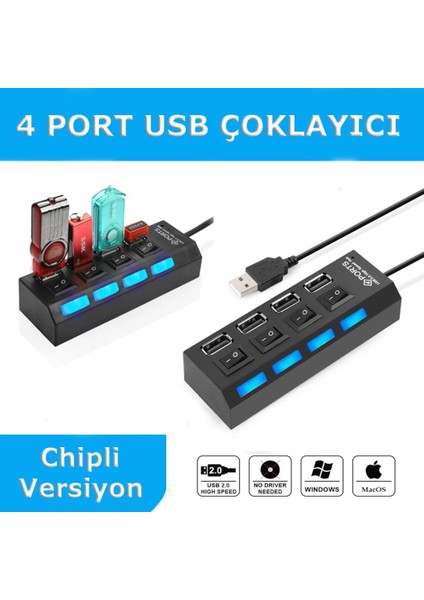 4 Port USB 2.0 Seri Hız Anahtarlı Işıklı USB Çoklayıcı