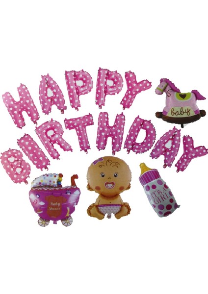 Folyo Balon Harf Happy Birtyhday Set Pembe Beyaz Kalpli 40 cm