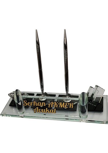 M212 Ofis Masaüstü Kristal Saat Kartvizitlik Kalemlik Isimlik Füme