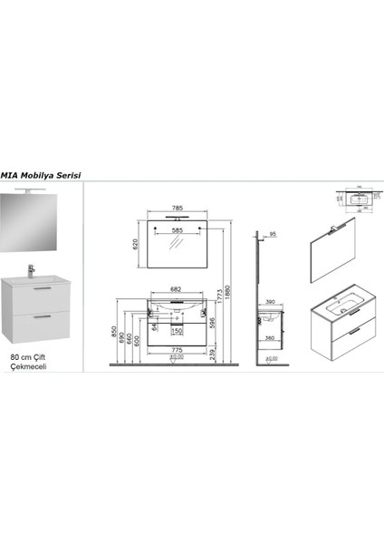 Mia 75024 Banyo Dolabı Seti, Çekmeceli, 80 cm, Parlak Beyaz