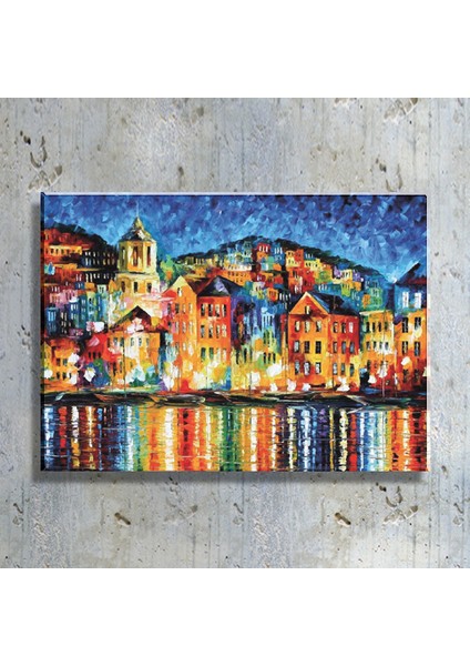 Leonid Afremov Gece Sahil Kasabası Yağlı Boya Reprodüksiyon Kanvas Tablo