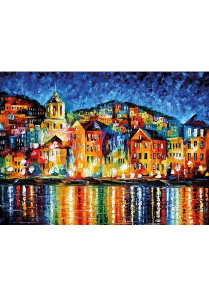 Leonid Afremov Gece Sahil Kasabası Yağlı Boya Reprodüksiyon Kanvas Tablo