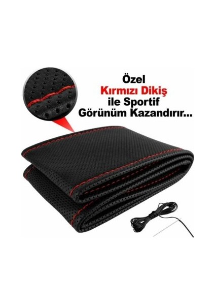 Direksiyon Kılıfı Dikmeli Deri Direksiyon Kılıfı Noktalı Kırmızı Dikişli