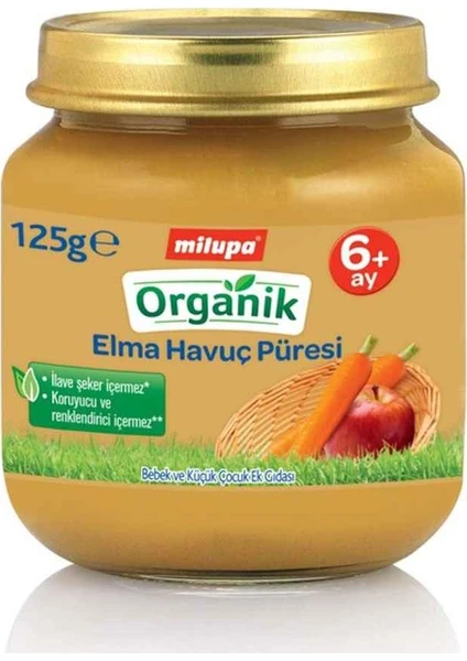 Organik Elma Havuç Püresi Kavanoz 125 g 6+ Ay