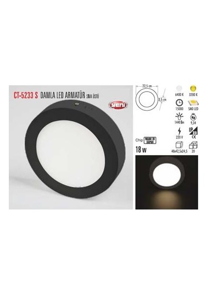 18 W Sıva Üstü LED Spot Armatür Siyah Kasa Beyaz Işık