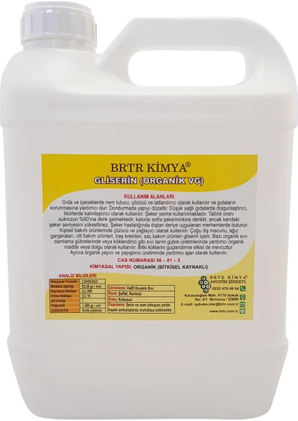 Brtr Kimya Bitkisel Gliserin Vg -5 Kg -Usp/Ep %99,84- İthal Ürün